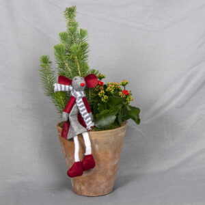 Saviruukussa punainen tulilatva, mänty, koristeena sammalta ja pehmohiiri