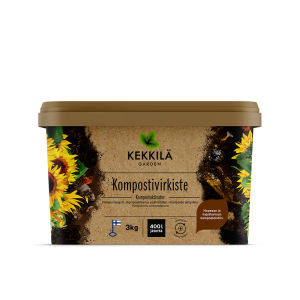 Kekkilä Kompostivirkiste puutarhan ja keittiön biojätteen kompostoinnin tehostamiseen ja nopeuttamiseen. Pitää kompostin hajuttomana ja parantaa kompostin laatua.