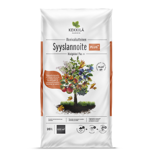 Kekkilä Syyslannoite Plus+ on puutarhan monivaikutteinen erikoislannoite. Se edistää seuraavan vuoden kukintaa ja satoa ja auttaa kasveja valmistautumaan talven tuloon ja talvehtimaan vaativissa talviolosuhteissa.